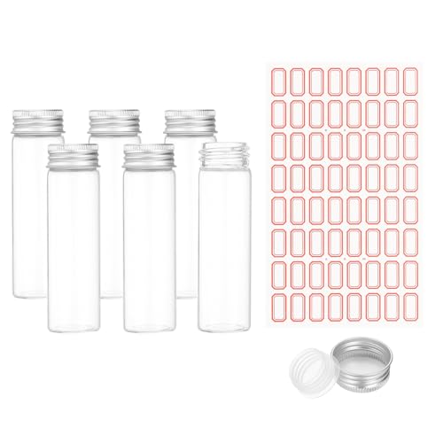 PATIKIL 50ml Test Tubes with Caps, 6Pcs 30x100mm Glass Clear Flat Bottom Test Tube Containers with Plastic Cap for Bead Party Candy Bath Salt Storage Scientific Experiment Plant(Silver) - color: Silver, size: 30x100mm