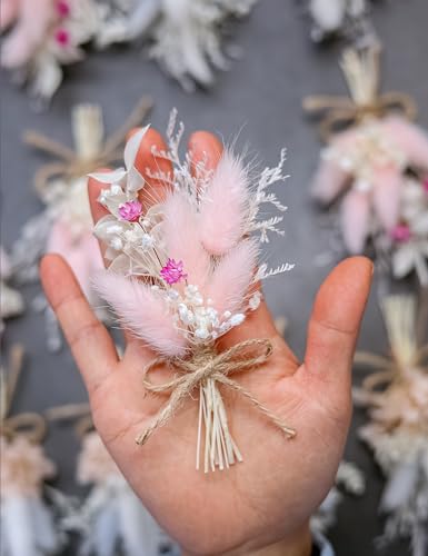 Mini Dried Flower Bouquet Set (12 pcs), Pink Bouquet, Birthday Cake Arrangement, Bridesmaid Flower Girl Proposal Gift Box, Groom Corsage(Pink) - color: Pink