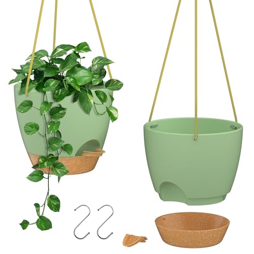 ZMTECH 6.5 Inch Hanging Planters for Indoor Outdoor Plants, 2 Pack Self Watering Hanging Plant Pots with Drainage Holes and Removable Saucer, Plastic Flower Hanging Pots with Watering Lip (Green) - color: Green, size: 6.5 Inch