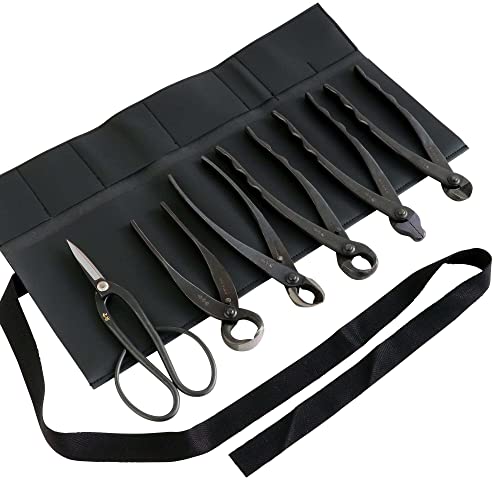 Wazakura Made in Japan 6PCS Bonsai Professional Tool Kit with Roll Bag: Yasugi Steel Ashinaga Scissor, Concave Branch Cutter, Knob Cutter, Jin Plier, Wire Cutter, Root Cutter. Bonsai Tool Set & Case - style: 6PCS Professional Tool Set (Yasugi Steel Ashina