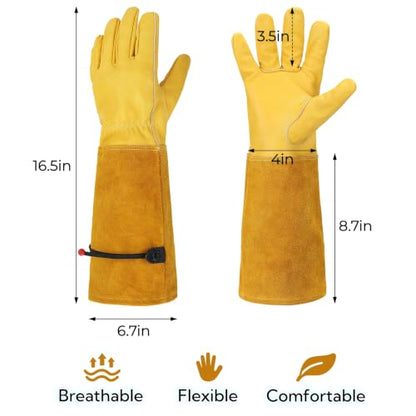 Thorn Proof Gardening Gloves for Women and Men, Breathable Long Sleeve Leather Gloves for Rose and Cactus Pruning, Heavy Duty Adjustable Cuff Garden Work Gloves, Ideal Gardening Gifts