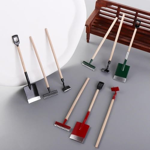 3 Pcs Red Miniature Garden Tools 1:12 Mini Shovels and Rake Farm Tools Fairy Garden Dollhouse Accessories Furniture Toy Sets