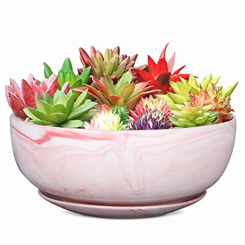 G EPGardening 8in Marble Large Round Ceramic Succulent Planter Pot with Drainage Hole and Plant Saucer Shallow Bonsai Planter Pot Flower Pot for Indoor Outdoor Plants with Marble Tray Pink - color: Marble Pink, size: 8 Inch