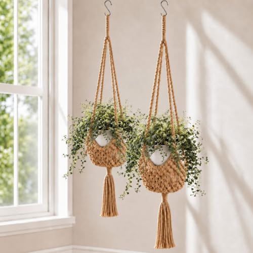 Shappy 2 Pack Boho Macrame Plant Hanger for Indoor | Large Hanging Planter Plant Holder Pot Hanger Hanging Basket Wall Planters, Plants Lover Gift for Indoor Garden - color: Jute Color, size: Style D