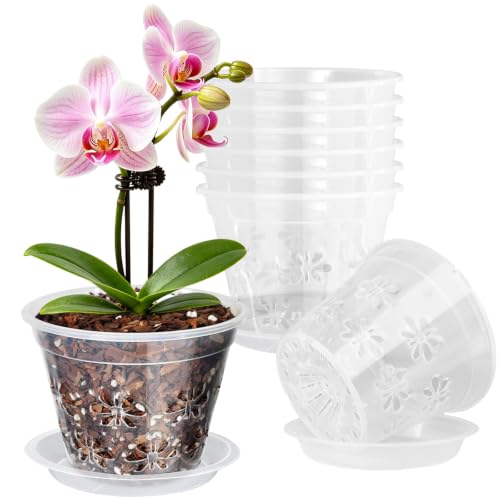 Orchid Pot, 8 Pack 4''W x 3.1''H Orchid Pots with Holes and Saucers,Breathable Slotted Plastic Plant Planters, Drainage Design for Healthy Root Growth, Ideal for Orchid Repotting - color: Clear, size: 4'' x 3.1'' (8 pack)