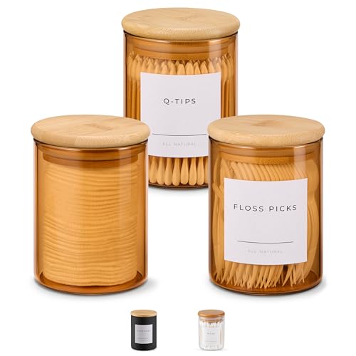 Vase and Vessel Mini Glass Apothecary Jars with Bamboo Lids, Small Bathroom and Kitchen Storage Containers, For Cotton Balls, Pads and Swabs, 10 oz, Set of 3 (Amber) - color: Amber