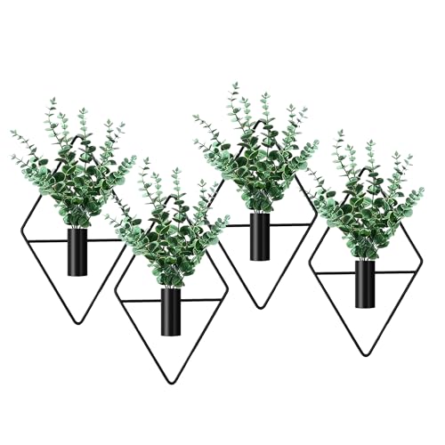 2 Pack Black Wall Decor Hanging Planters with Artificial Plants Metal Hanging Vase Indoor Plants Holder Modern Boho Wall Art for Bathroom Bedroom Living Room Office (Black, Eucalyptus) - color: Black