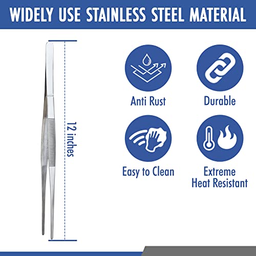 12 Inch Tweezers Stainless Steel Straight Serrated Tip | Precision Cooking Plating Tweezer Tongs, Reptile Feeding Aquarium Aquascaping, Repairing Garden Craft Tool - style: Straight Tip - 12"