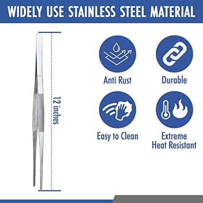 12 Inch Tweezers Stainless Steel Straight Serrated Tip | Precision Cooking Plating Tweezer Tongs, Reptile Feeding Aquarium Aquascaping, Repairing Garden Craft Tool - style: Straight Tip - 12"