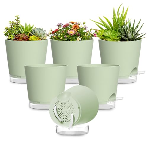 Plant Pots 6 Inch Self Watering Pots,6 Pack Plastic Planters with Drainage Holes and Clear Saucers,Plastic Flower Pots,Nursery Planting Pot for Indoor Out Door Plants (Green) - color: Green, size: 6 inch