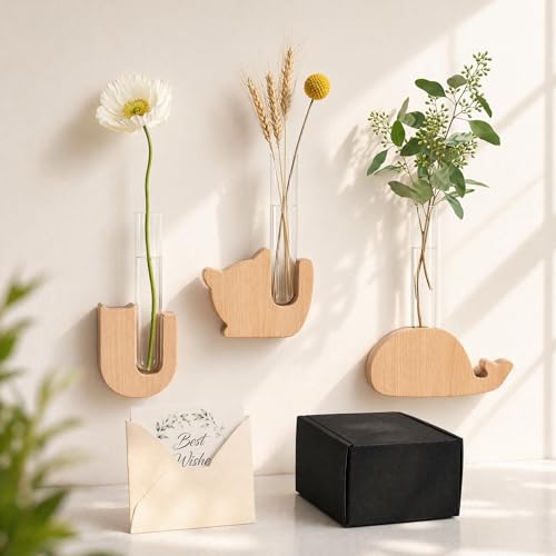 3-PieceCute Wooden Animal Mini Fridge Magnet Vase,Magnetic Wood Block Decor for Refrigerator Locker, Fridge Magnet Wooden Vase Gift Set with Greeting Card，(Animal Oak) - color: Animal Oak