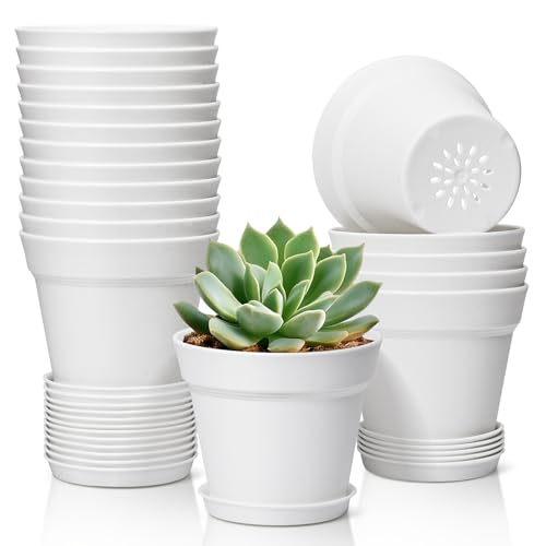 T4U Small Plant Pots 4 Inch 18 Pack, Plastic Flower Pots with Saucer White - color: White, size: 4 In