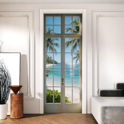 Ocean View Door Mural, Faux French Door Cover, 30.3x78.7in - color: Colorful2462