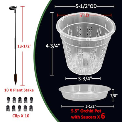 Orchid Pot with Saucers, 6 Pack 5.5" Orchid Pots with Holes and 10Pcs Plant Stakes, Clear Plastic Flower Plant Pot for Indoor Outdoor Plants(6 Pack 5.5"+ Saucers) - style: 6 Pack 5.5"+ Saucers