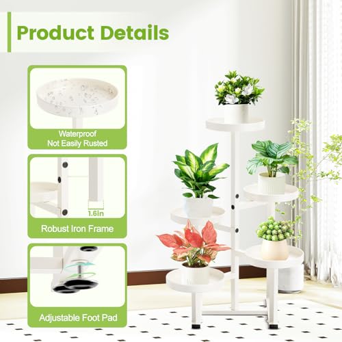 5 Tier Metal Heavy Duty Plant Stand Indoor Outdoor,27In Tall,White | 7.9In Pot,Save Space,Adjustable Foot Pad,Tiered Corner Plant Holders for Multiple Plants,Patio,Garden,Living Room, Balcony