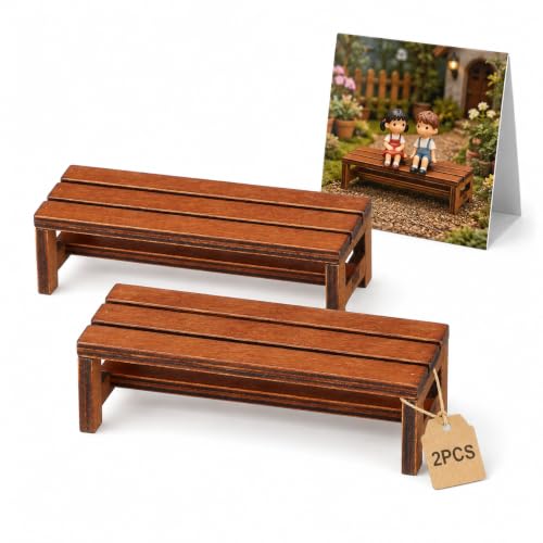 SOIMISS Miniature Dollhouse Bench 2 Pack 1:12 Scale Wooden Park Furniture | Slatted Backrest, Wood Construction, Realistic Park-Seat Prop for Fairy Garden, Diorama, and Miniature Photography Displays