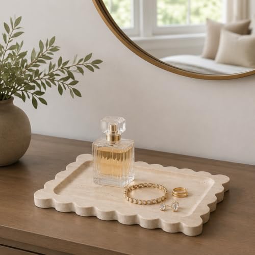 Travertine Bathroom Tray Countertop, Marble Vanity Tray for Home Decorative Dresser Organizer, Marble Scalloped Tray for Perfume Jewelry Holder Trinket - color: Travertine, size: 10.8" x 8" x 0.7"