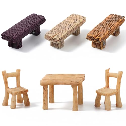 Miniature Resin Furniture Set for Fairy Garden Accessories, Includes Table, Chairs, and Benches for DIY Decor, Pack of 6
