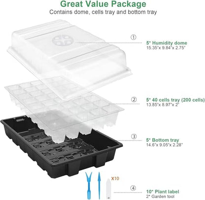 MIXC Seedling Trays Seed Starter Tray, 5-Pack Mini Propagator Plant Grow Kit Greenhouse with Humidity Vented Domes and Base for Seeds' Starting (40 Cells Per Tray, Total 200 Cells), Black | Reusable Plant Germination Tray with Drainage Hole/Humidity Vent