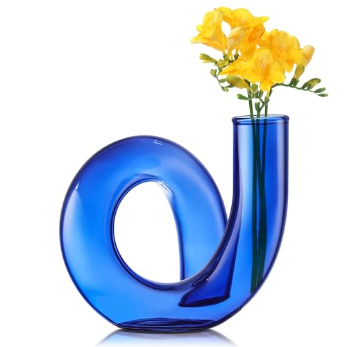 Joeyan Handmade Small Blue Glass Flower Vase,Decorative Geometric Glass Bud Vase for Modern Home Centerpieces Living Room Office,4.72" Abstract Vase for Single Flower and Dry Flowers - color: Blue
