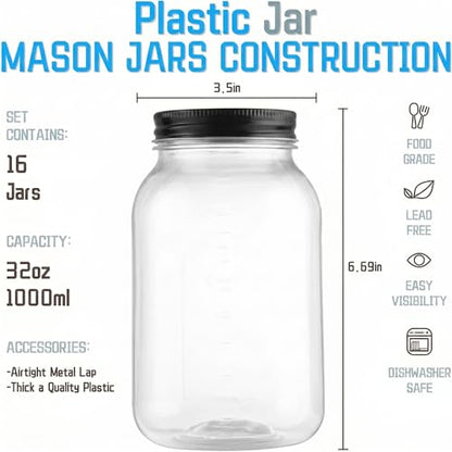 novelinks 32 oz Plastic Mason Jars and Clear Plastic Jars with Lids 32 oz - color: Black 16Pack