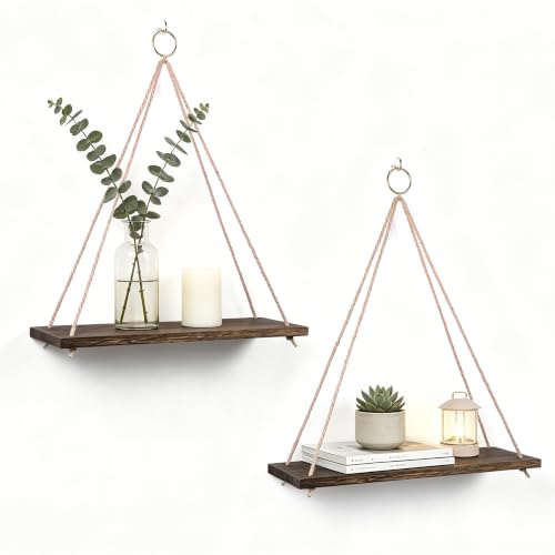 Hanging Wall Shelves, Set of 2 (Large), Boho Style, Triangular, Wood Finish, Wall Mount, 2 Shelves, Living Room, Bedroom, Bathroom, Kitchen - size: Large x2