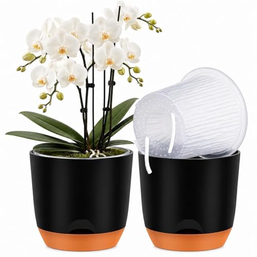 QCQHDU 7.2Inch Orchid Pots with Holes for Repotting, Double-Layer Plastic Self Watering Flower Pots for Indoor Plants with Drainage Holes, Clear Orchid Pot Match Decorative Orchid Container, 1 Pack - color: Black & Brown, size: 1pack 7.2IN