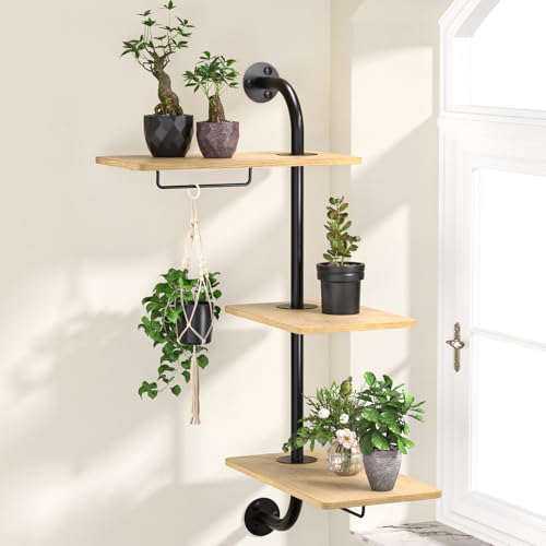 DELLAN 3-Tier Window Plant Shelves, Rotating Wall Mounted Shelf | Space saving rotating plant shelf for window & wall mounted. Perfect indoor hanging holder for small plants. - color: 3-tier Wood