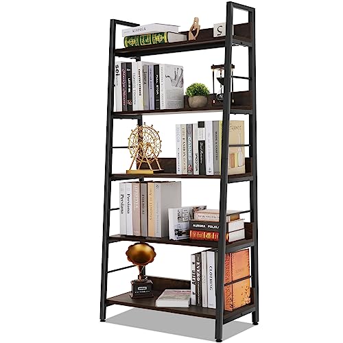 Himimi Industrial Ladder Shelf, Rustic 5 Tier Leaning Bookshelf, Wood Metal Ladder Bookcase, Plant Flower Stand Rack Book Storage Shelves for Living Room, Bedroom, Home Office - color: Dark Walnut, size: 27.56"L x 13.78"W x 59.06"H