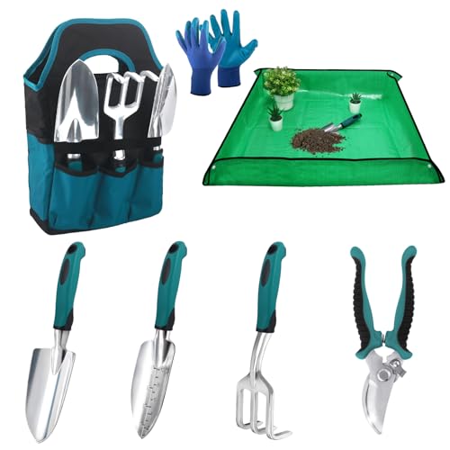 Garden Tools Sets, Gardening Tool Set with 39.3 in Repotting Mat, 7 Piece Gardening Kit with Non Slip Ergonomic Handle, Heavy Duty Garden Tool Bag Gardening Supplies for Women and Men - color: Blue