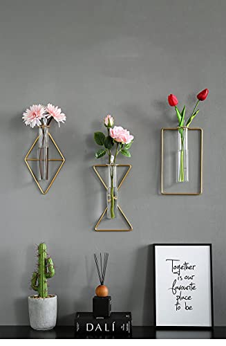 yaooral 2 Pack Luxury Nordic Hanging Wall Mounted Gold Flower Vase | Metal Frame Glass Tube/Minimalist/Cute Exquisit Pretty/Geometric Hydroponic Bud Vase Decor for Wall Home Wedding Farmhouse - style: triangle rhombus