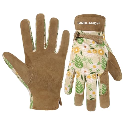 HANDLANDY Gardening Gloves for Women, Leather Garden Glove, Gardener Gift - color: Khaki, size: Large (Pack of 1)