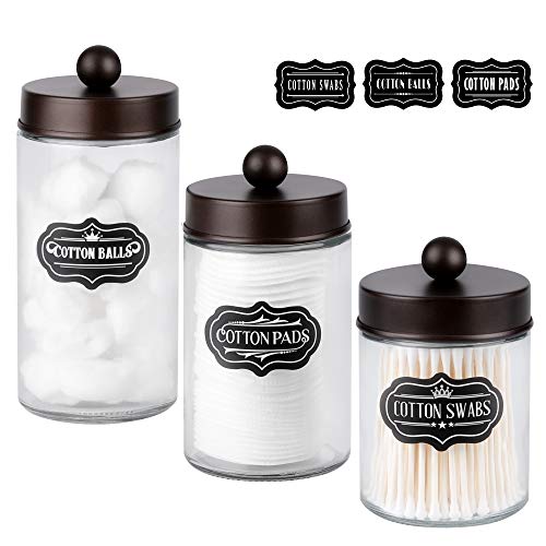 Apothecary Jars 3 Pack - Glass Bathroom Containers with Stainless Steel Lids - Rustic Farmhouse Decor Bathroom Accessories, Vanity Organizer Apothecary Jars for Qtip/Cotton Balls (Bronze) - color: Bronze