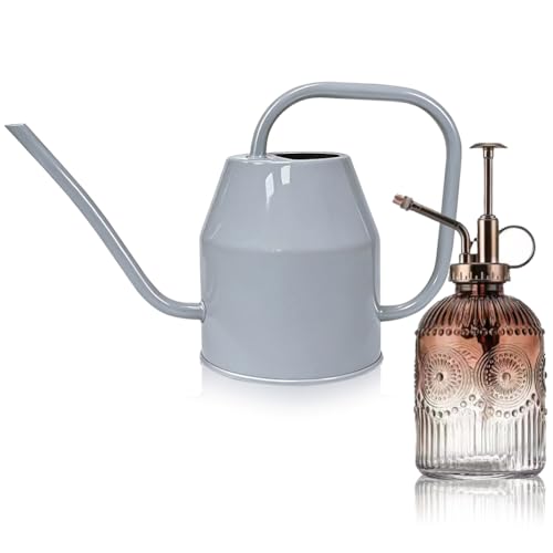 35 oz/1000 ml Metal Indoor Small Watering Can with Long Spout for House Plants Decorative, 12 oz/360 ml Glass Plant Mister Spray Bottle for Bonsai Garden Flowers (Grey) - color: Gray