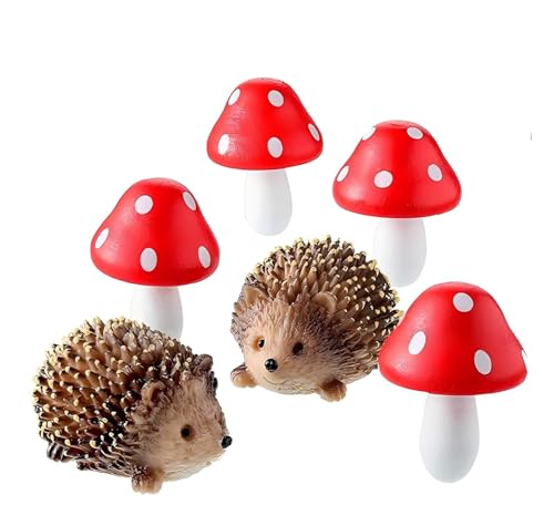 Hedgehog Mushroom Fairy Garden Decor, 6-Piece Mini Fairy Garden Accessories Figurines for Miniatures, Plant Pots, Terrariums, Birthday Cake Toppers, Car Decorations, Gifts for Kids Mom Grandma - style: Hedgehog