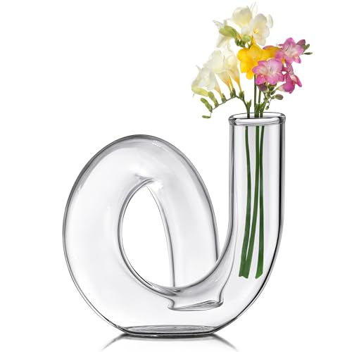 Joeyan Handmade Small Glass Flower Vase,Decorative Geometric Glass Bud Vase for Modern Home Centerpieces Living Room Office,4.72" Abstract Clear Vase for Single Flower and Dry Flowers - color: Clear
