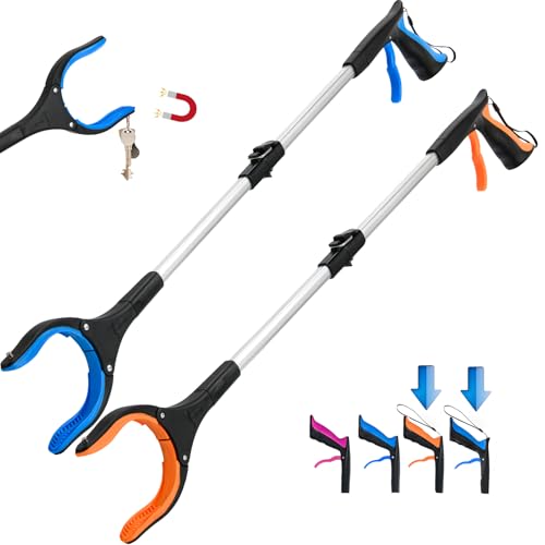 2-Pack Grabber Reacher Tool,32 Inch Extra Long Foldable Pick Up Stick with Buckle and Rope and with Strong Grip Magnetic,360°Rotating Anti-Slip Jaw,Grabber Tool for Outdoor & Indoor (Blue&Orange) - color: Blue&orange
