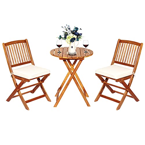 ORALNER 3-Piece Acacia Wood Folding Patio Bistro Set, Small Outdoor Balcony Furniture, Round Coffee Table and 2 Chairs with Soft Cushions, Teak Table Set for Porch, Backyard, Deck (Cream White) - color: Cream White