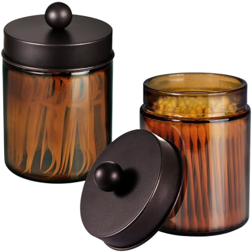 Amolliar Amber Glass Apothecary Jars Qtip Holder w/Metal Lids,Bronze 2pc | for Bathroom Vanity Storage, Countertop, Farmhouse Style, Holds Cotton Swabs, Dental Floss, Makeup Sponges - color: Bronze, size: 2 Pack