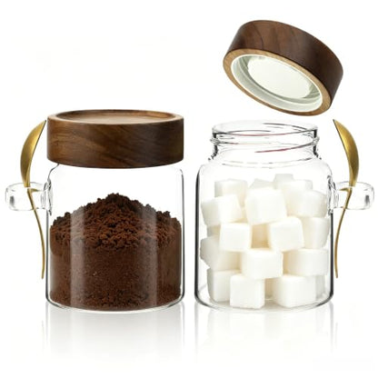 10 oz Glass Jars Set of 2, Spice Jar Round Storage Canister with Airtight Wooden Lid Clear Glass Food Jar for Pantry Sugar Tea Coffee Bean Spice Cookies Bath Salts (10oz/300ml-2 pack-with spoon) - color: 10oz/300ml-2 pack-with spoon