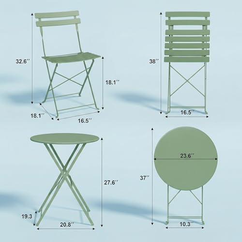 GarveeLife Outdoor Metal Bistro Set, 3-Piece Patio Furniture Set with 2 Chairs and 1 Table, Flat Steel Frame Patio Dining Set for Garden, Balcony, Porch & Backyard,Green