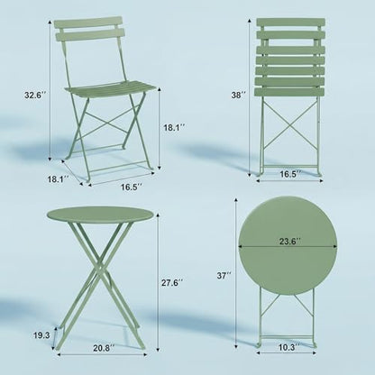 GarveeLife Outdoor Metal Bistro Set, 3-Piece Patio Furniture Set with 2 Chairs and 1 Table, Flat Steel Frame Patio Dining Set for Garden, Balcony, Porch & Backyard,Green