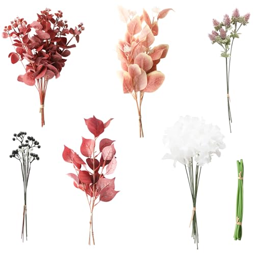Floroom Artificial Greenery Stems Box Set, 30pcs with 7 Kinds of Faux Greenery Flowers Picks for DIY Bridal Bouquets Wedding Floral Arrangement Table Centerpieces, Burgundy & White - color: Burgundy & White