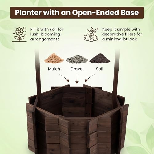 Giantex Wooden Wishing Well Planter with Hanging Bucket, Carbonized Fir Wood Outdoor Garden Planter for Flowers, Rustic Decorative Flower Pot for Yard Patio Deck Home Decor