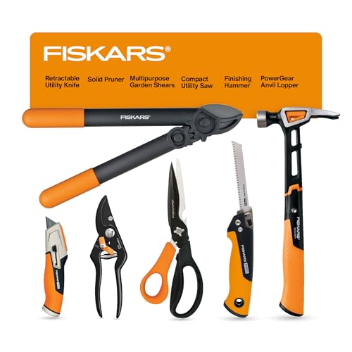Fiskars 6-Piece Indoor DIY and Outdoor Gardening Home Essentials Tool Set | PowerGear Anvil Loppers, Pruning Shears, Multipurpose Scissors, Folding Saw, IsoCore Hammer & Utility Knife, for New Home - style: Home Tool Gift Set