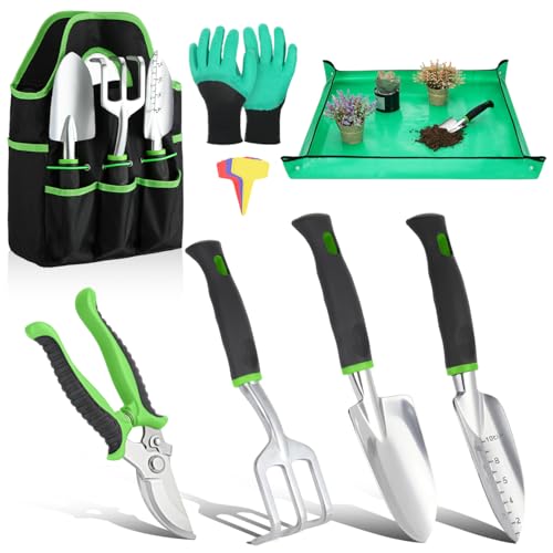 Housolution Gardening Tools Set, 8PCS Gardening Gifts for Women, Green | Heavy Duty Garden Tools with Non-Slip Rubber Grip with Large Garden Bag for Tools Aluminum Alloy Hand Tools for Gardening Men - color: Green