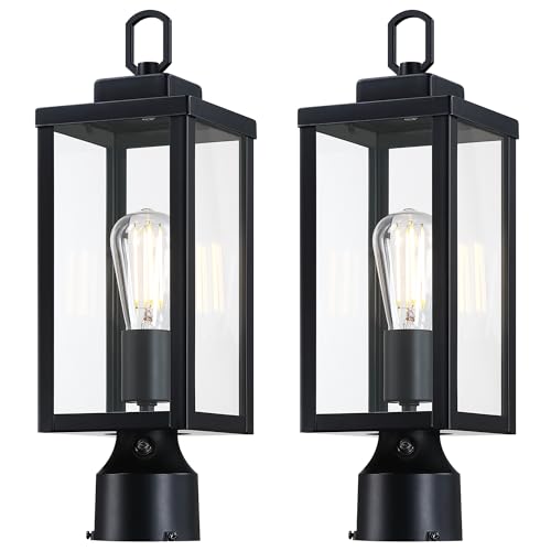 Outdoor Post Light Fixture, Tempered Glass, Black, 2 Pack | Dusk to Dawn Exterior Pole Lantern for Yard Garden Pathway, Waterproof Rustproof Galvanized Metal, E26 Socket, 60W Max - color: Black, size: 2pk-d2d