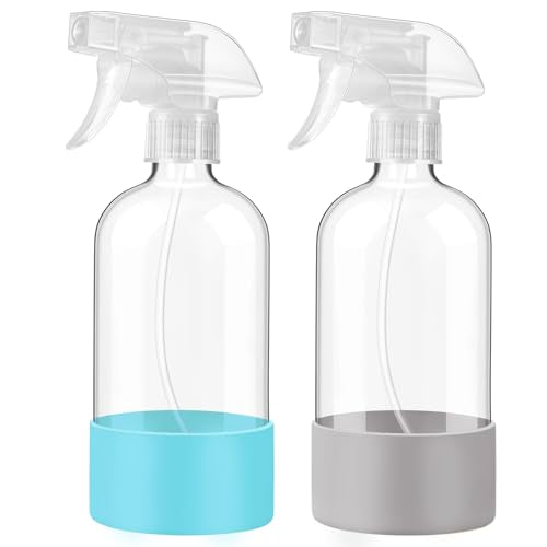Glass Spray Bottles with Silicone Sleeve, 2Pack 16oz, Blue&Grey | Leak-Proof Empty Refillable Containers with Adjustable Spray Nozzles, Spray Bottles for Hair, Cleaning and Plants - color: Blue&Grey