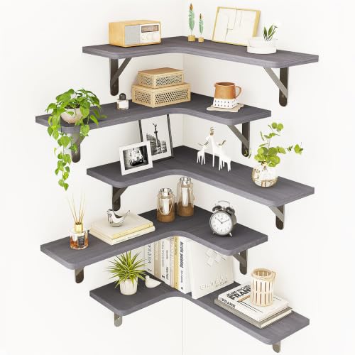 Fixwal Corner Floating Shelves Set of 5, Rustic Wood Wall Mounted Corner Shelf for Bathroom, Kitchen, Bedroom, Home Decor, Laundry Room, Living Room(Gray) - color: 4-gray