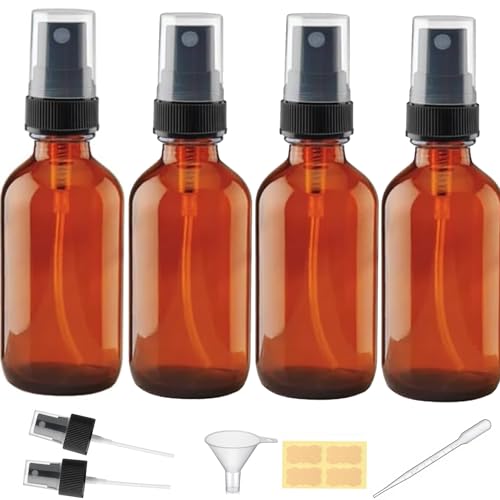 LANBEAUTIFY 4 oz Amber Glass Spray Bottles - Small Empty Fine Mist Spray Bottle for Essential Oil,Face - Mini Dark Spray Bottles with,Included 6 Sprinkler, 1Funnels,1 Droppers, 4 Labels - style: 4Pack